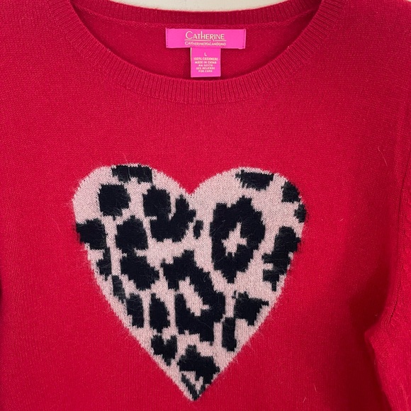 Catherine Malandrino Red Animal Print Leopard Heart 100% Cashmere Sweater Large - Picture 5 of 8